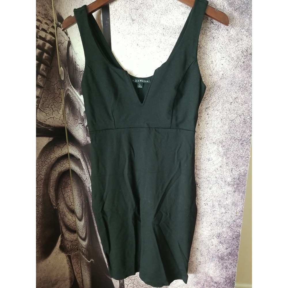 Haute Monde Women's LBD Black Bodycon Dress Size L V Neck Sleeveless Stretch